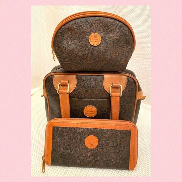 VINTAGE Pierre Balmain 3 piece set purse, wallet and makeup bag paisley Leather - Picture 2 of 14